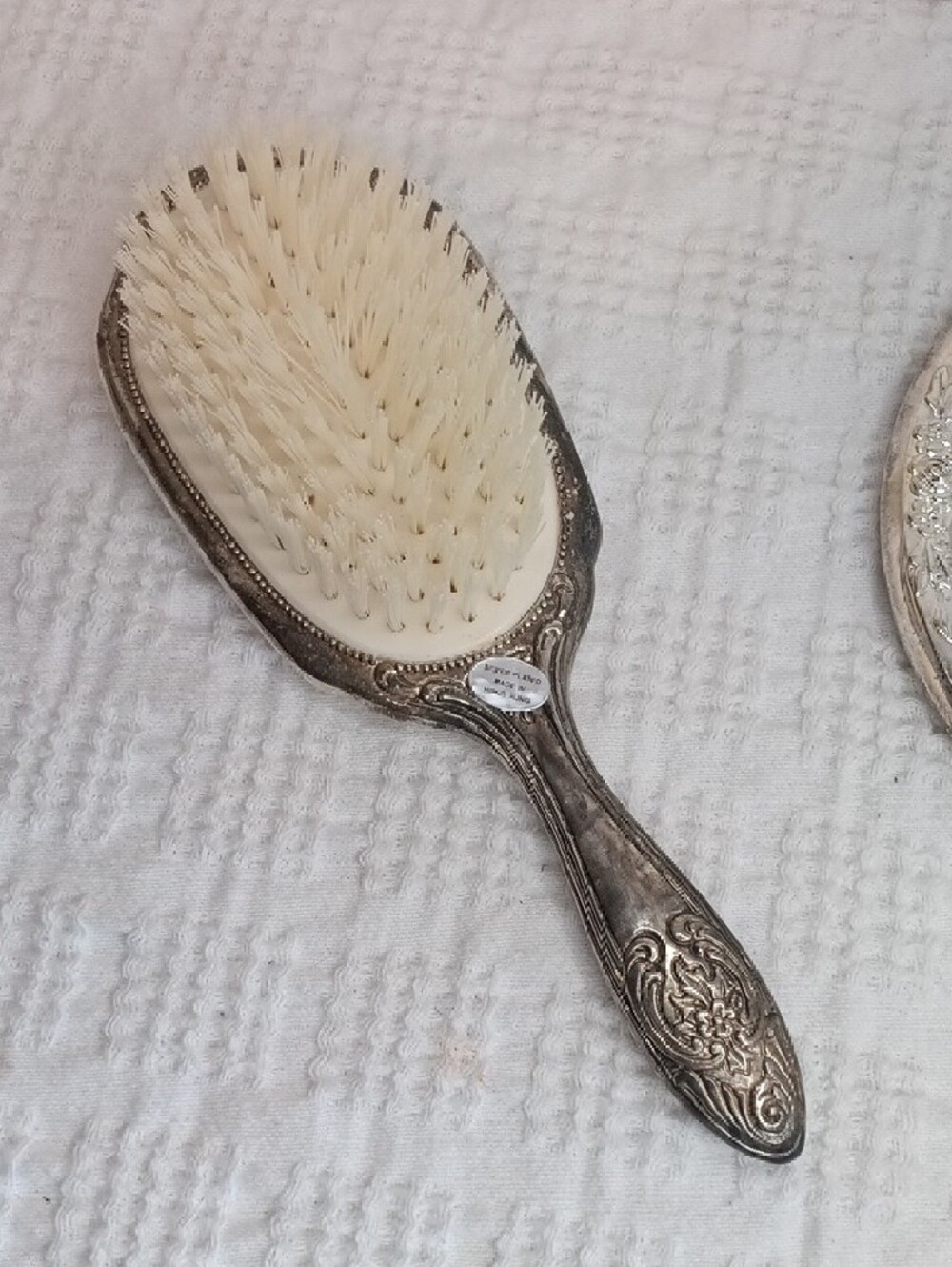 Ornate Silver Plate Vanity Set Mirror Brush & Comb Vintage Hong Kong - Picture 4 of 12